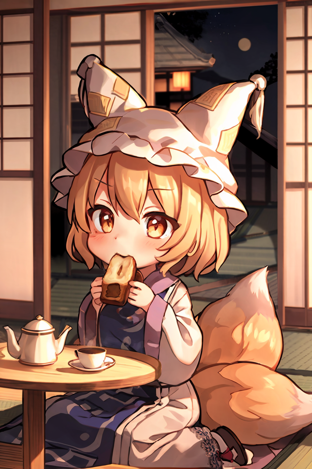 01617-3400145213-masterpiece, best quality,  _lora_ran_1_,chibi,1girl, solo, yakumo ran, tail, food, blonde hair, hat, fox tail, mouth hold, mult.png